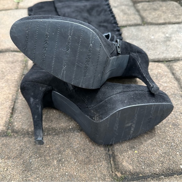 Stuart Weitzman Suede Over the Knee Button Back Platform Boots - Picture 6 of 8